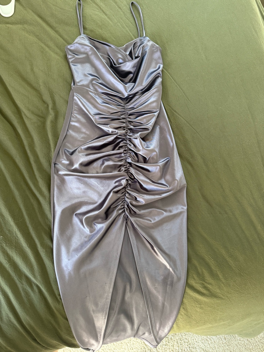 Windsor Metallic Silver Ruched Cowl Neck Asymmetrical Dress